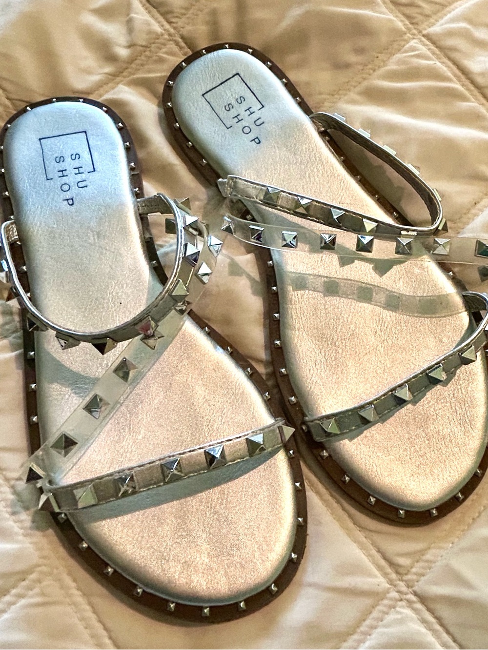 ShuShop Metallic Silver Pyramid-Stud Slide Sandals